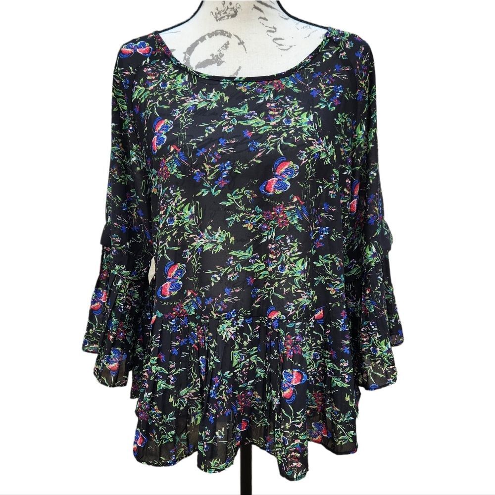 ENTRO -611 by Anthropologie floral pleated blouse crisscross back SMALL Style #T